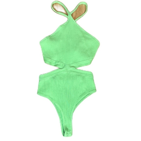 Zara Green Brat Girl Cutout Halter Top Bodysuit Y2K Ribbed Women’s Size Small - Picture 2 of 13